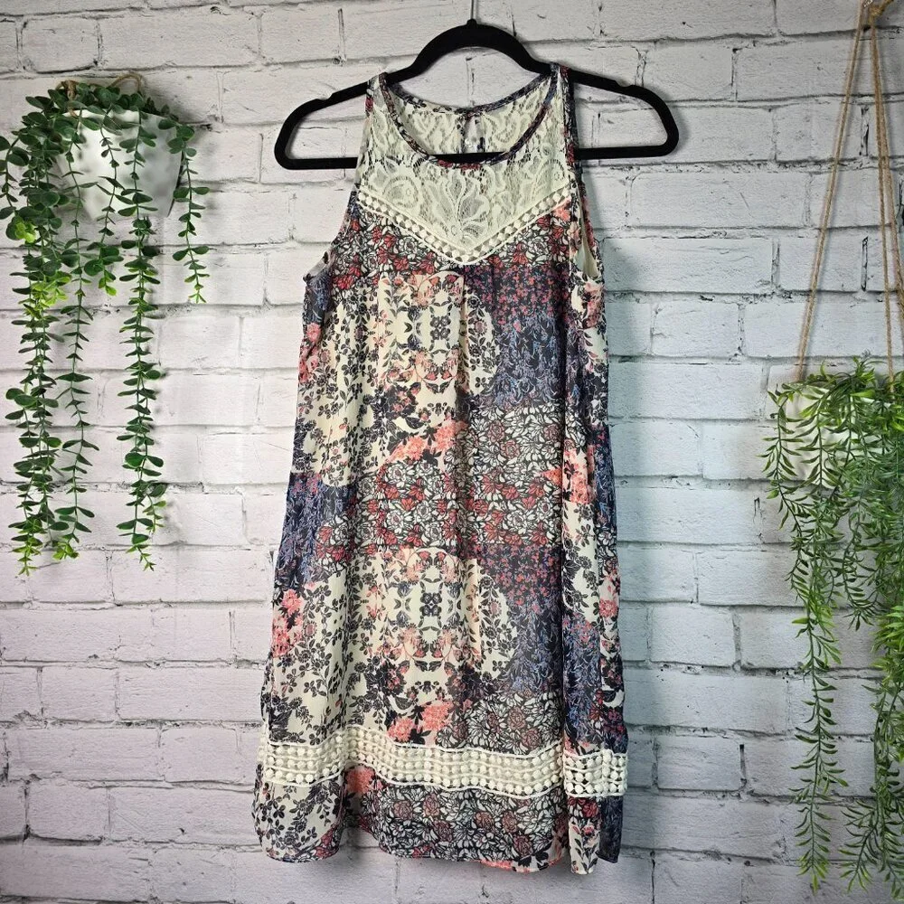 A. BYER SLEEVELESS DRESS LACE NECKLINE ABSTRACT PRINT WOMENS SIZE L